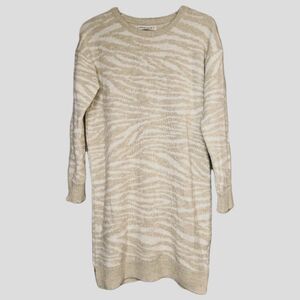 Banana Moon Tan Cream Animal Print Long Sleeve Festive Winter Knit Sweater Dress